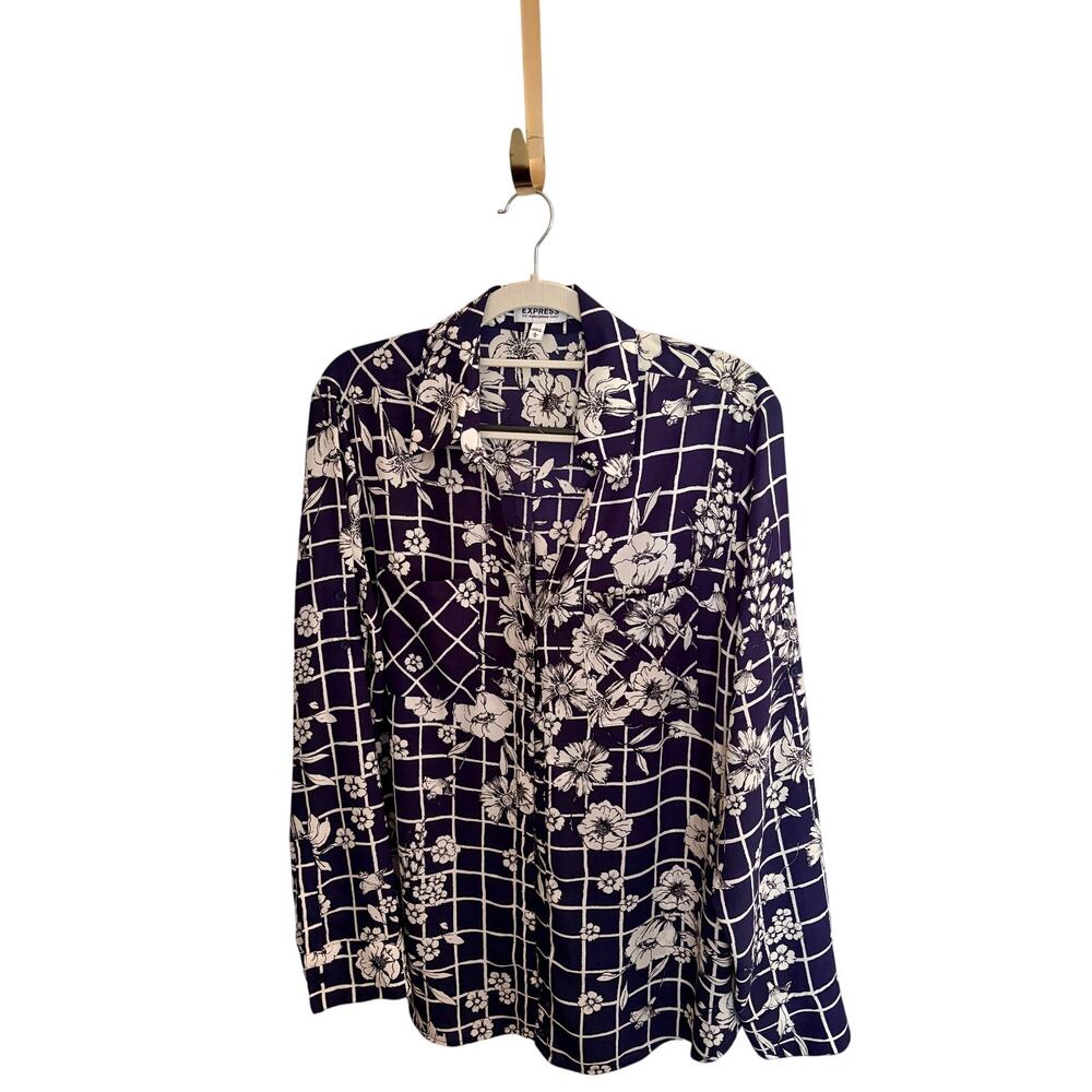 Express Portofino Shirt Large Blue White Floral Windowpane Button Front Blouse
